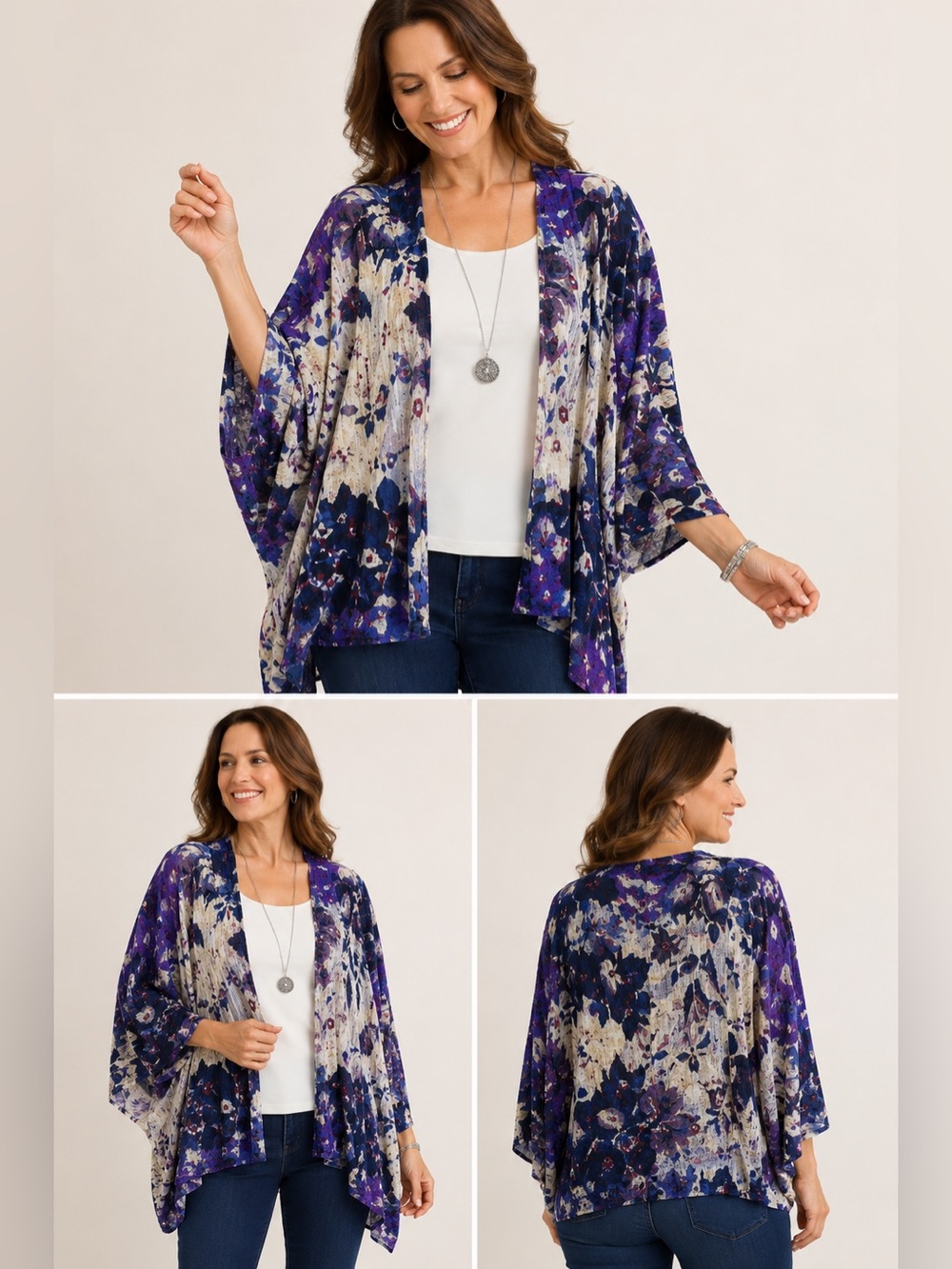 Chico’s Travelers Blue Purple Open Front Cardigan L/XL Textured Floral Kimono